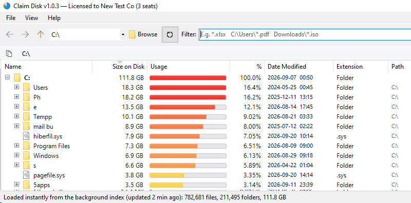 Claim Disk showing a drive sorted by size on disk, with usage bars beside each item