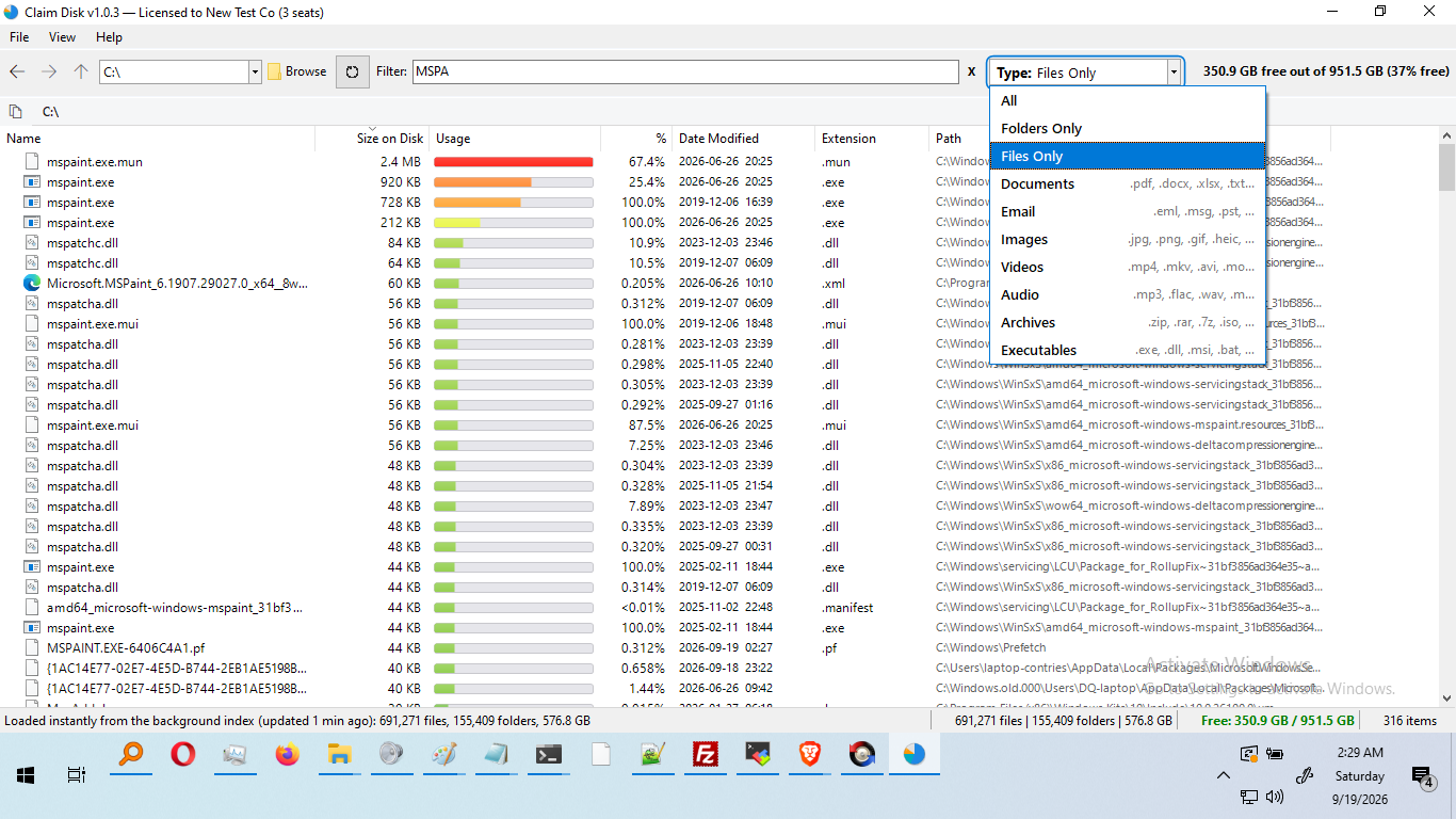 The type filter open, listing ten file-type categories and the extensions each covers